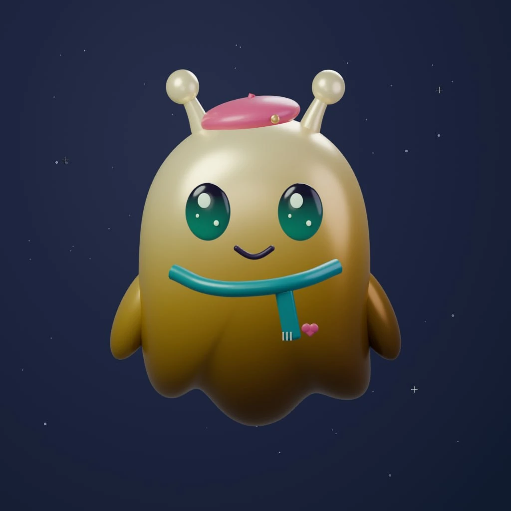 A gold NullHood character wearing a mint scarf and pink beret