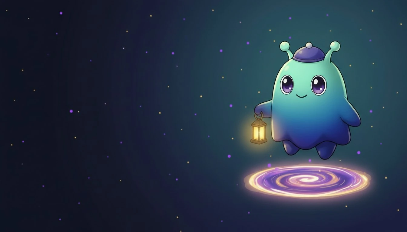 A friendly NullHood character holds a lantern above a magical glowing portal