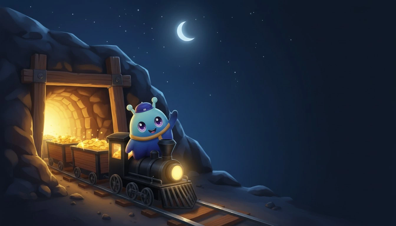 A cheerful NullHood character rides a gold-filled mine train out of a glowing cave under the moon